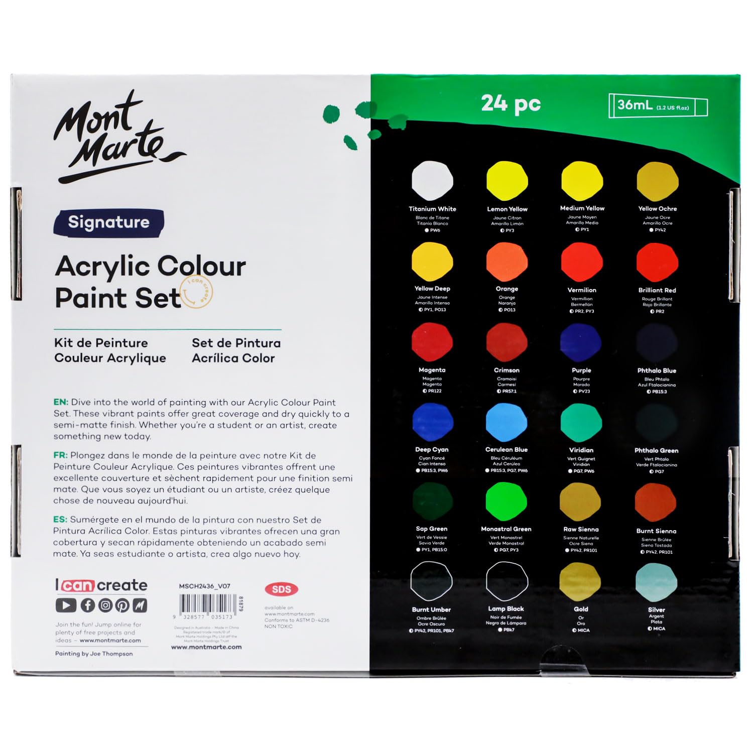 Mont Marte Acrylic Colour Paint Set Signature 24pc x 1.21 US fl.oz (36ml), Acrylic Paint Kit Ideal for Canvas, Wood, Air Dried Clay, Cardboard and More, Great Beginner Acrylic Paint Set, Includes 24 Colors - Image 7