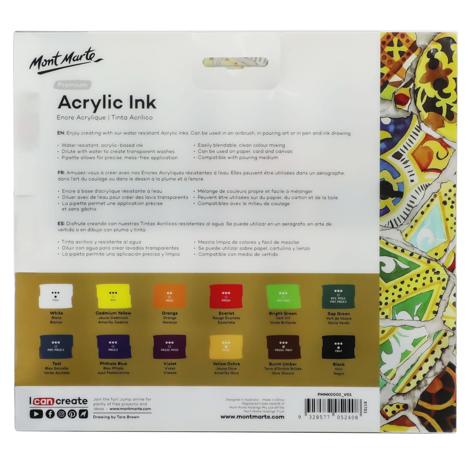 Mont Marte Acrylic Ink Premium 12pc x 20ml (0.7 US fl.oz), Acrylic Inks for Artists, Essential Colors, Ideal for Air Brush, Pouring Art, Scrapbooking, Ink Drawing, Mixed Media - Image 6