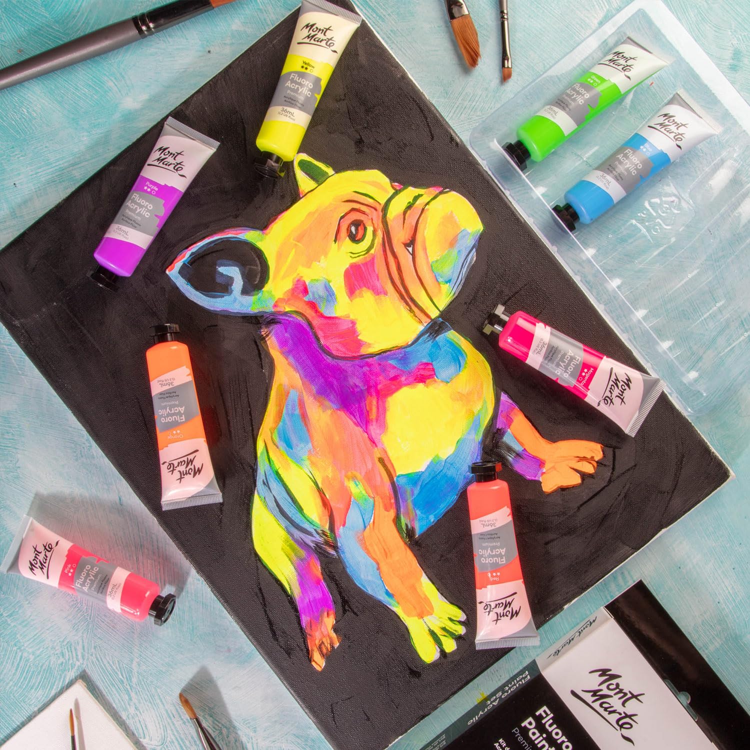 Mont Marte Fluoro Acrylic Paint Set, 8 x 1.02oz (36ml) Tubes, 8 Colors, Suitable for Most Surfaces Including Canvas, Card, Paper and Wood - Image 3