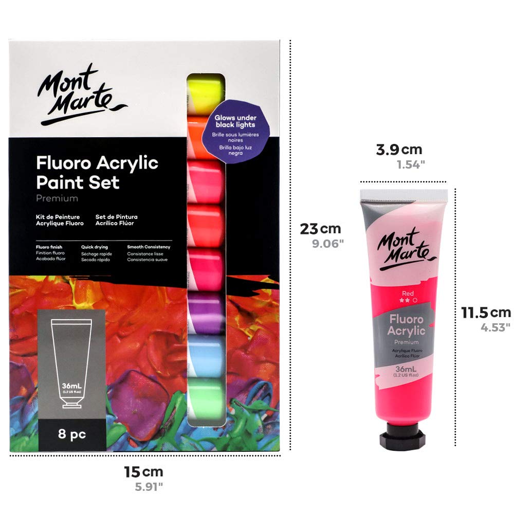 Mont Marte Fluoro Acrylic Paint Set, 8 x 1.02oz (36ml) Tubes, 8 Colors, Suitable for Most Surfaces Including Canvas, Card, Paper and Wood - Image 6