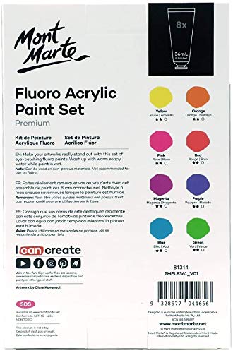 Mont Marte Fluoro Acrylic Paint Set, 8 x 1.02oz (36ml) Tubes, 8 Colors, Suitable for Most Surfaces Including Canvas, Card, Paper and Wood - Image 7