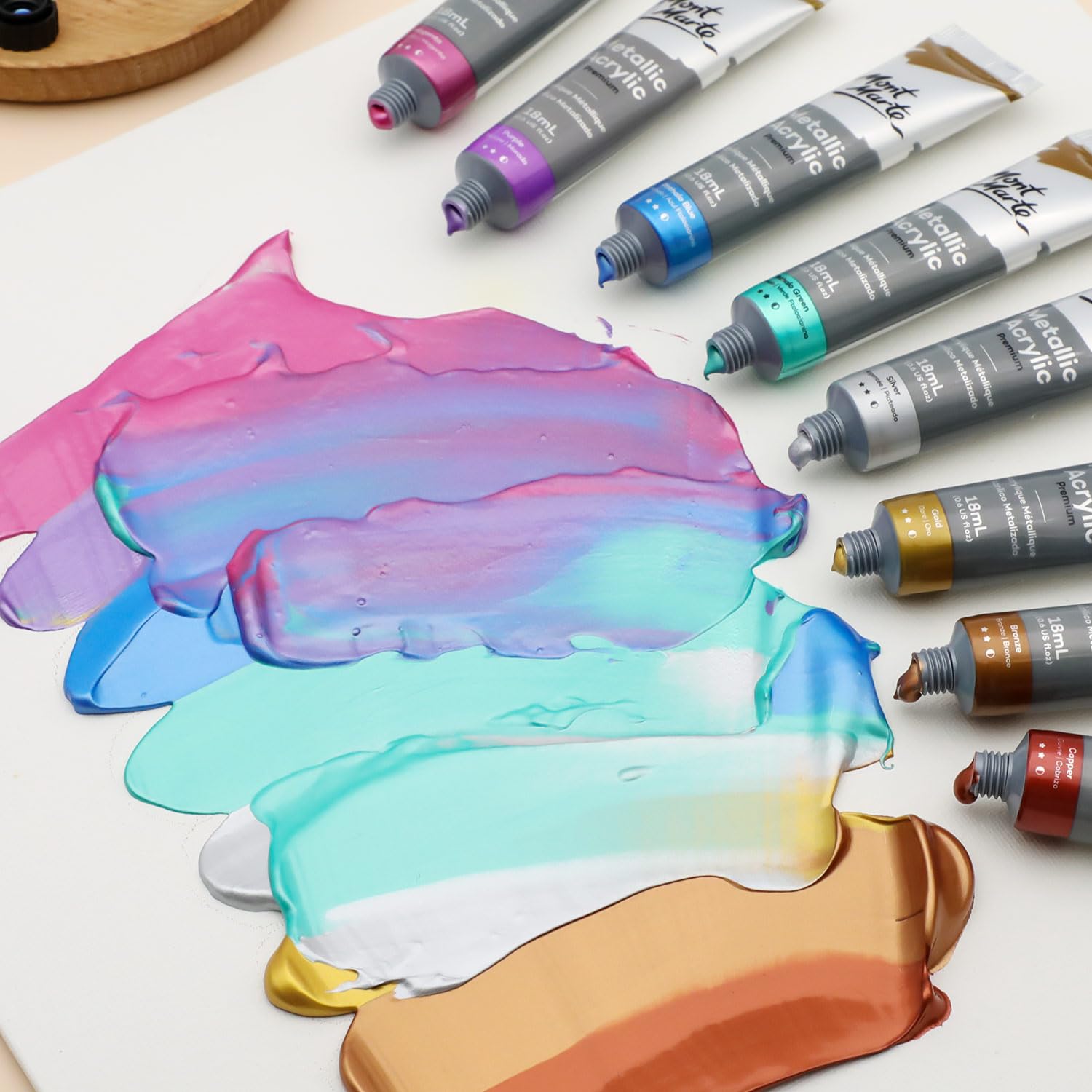 Mont Marte Metallic Acrylic Paint Set 8 Piece x 18 ml Tubes, Lightfast Colors with Smooth Consistency and Opaque Metallic Finish. - Image 4