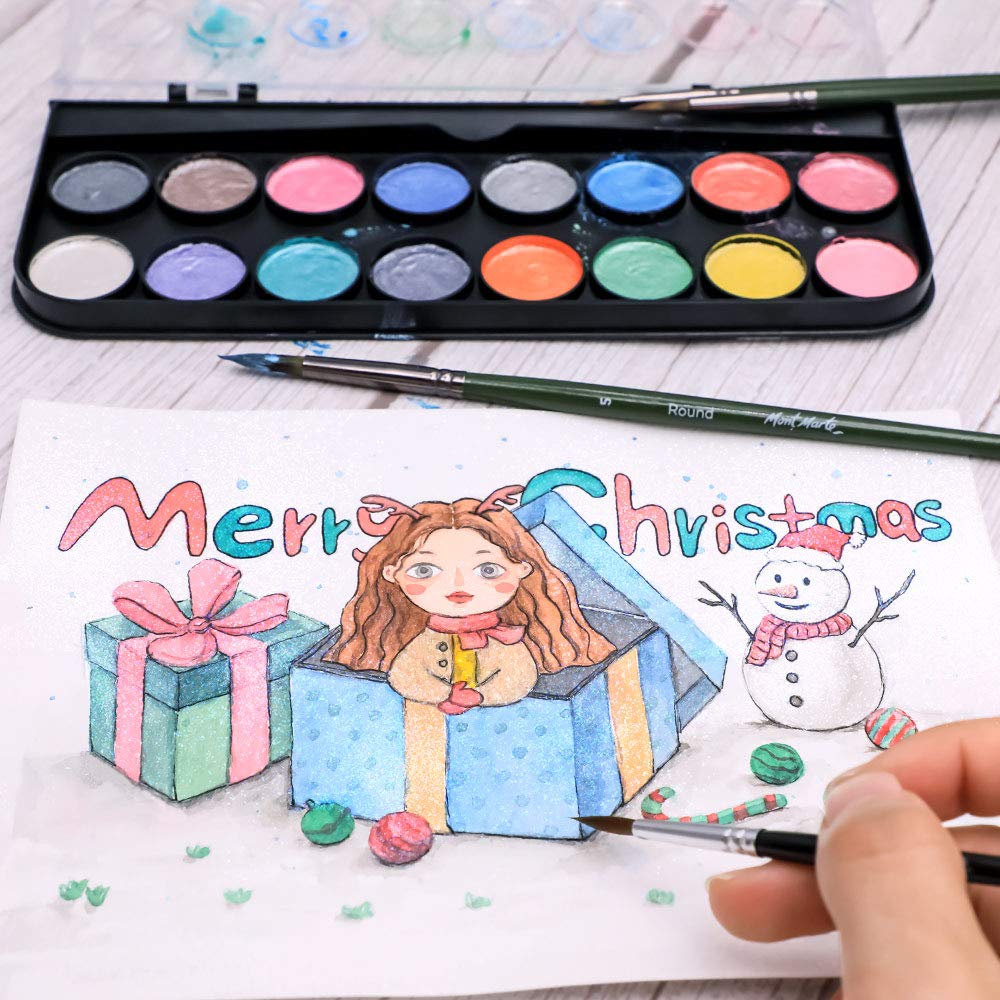 Mont Marte Metallic Watercolor Set, Pearl Paint, 17 Piece, 16 Vibrant Colors, 1 Paint Brush - Image 4