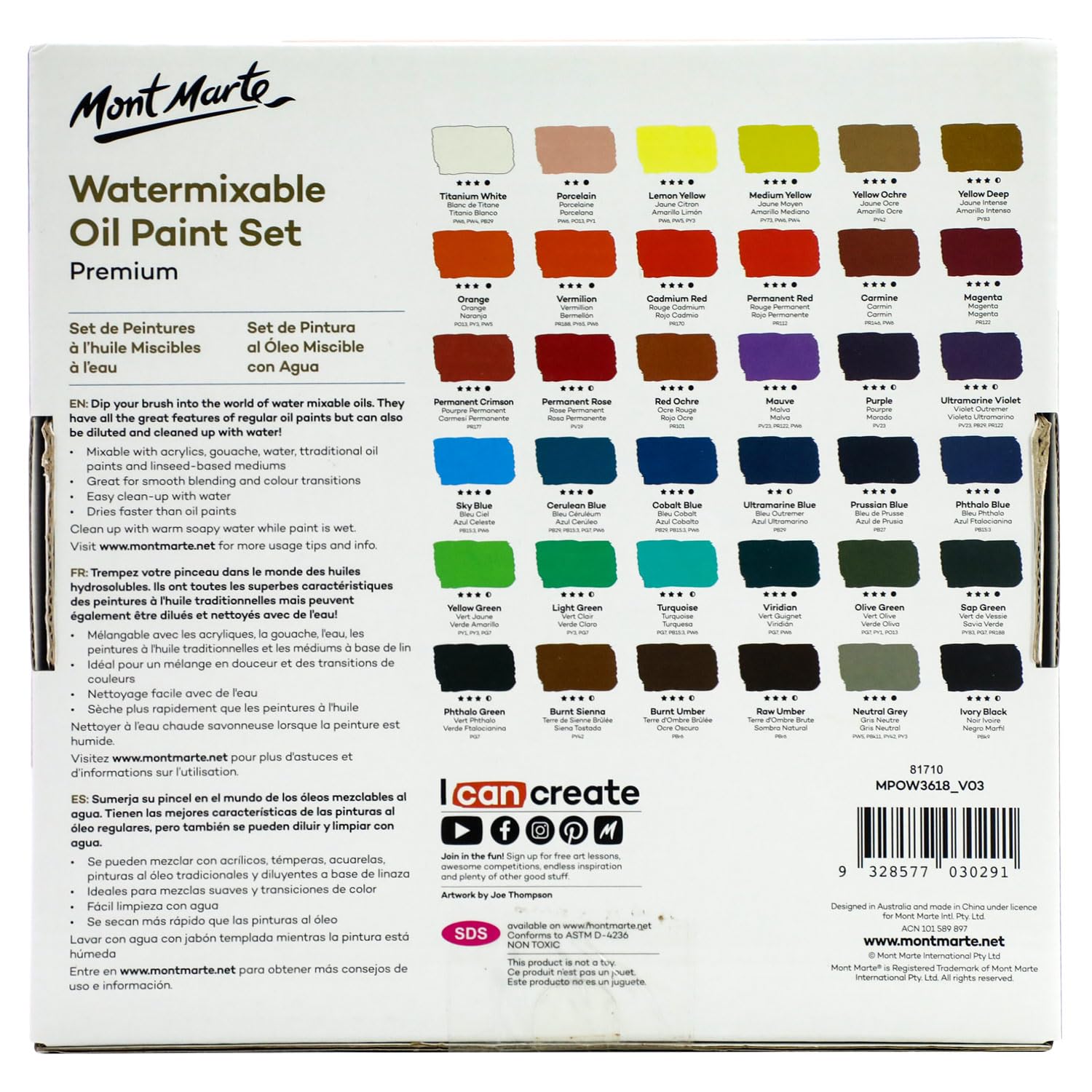 Mont Marte MPOW3618 Water-Soluble Oil Paint, Diluted with Water, 1.2 x 0.6 fl oz (36 Colors x 18 ml), Water Mixable OIL Paint Set, Satin Finish - Image 7