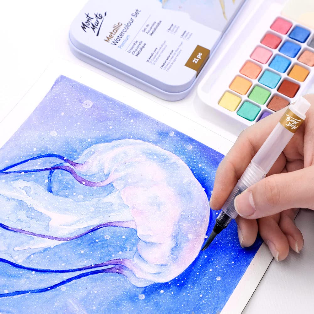 Mont Marte Premium Metallic Watercolor Cake Set, 21 Piece, 18 Colors, 1 Water Brush, 1 Sponge, 4 Mixing Wells - Image 3