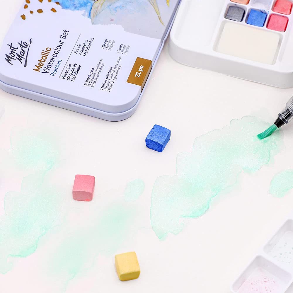Mont Marte Premium Metallic Watercolor Cake Set, 21 Piece, 18 Colors, 1 Water Brush, 1 Sponge, 4 Mixing Wells - Image 6