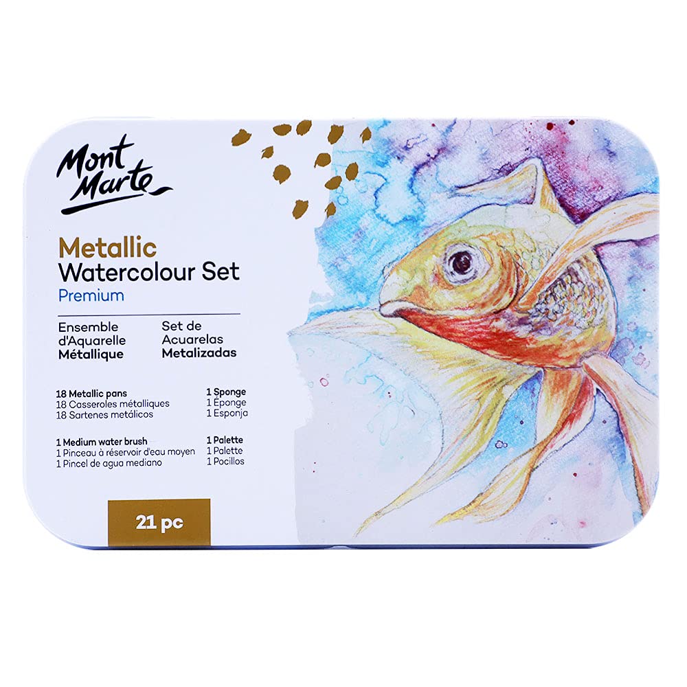 Mont Marte Premium Metallic Watercolor Cake Set, 21 Piece, 18 Colors, 1 Water Brush, 1 Sponge, 4 Mixing Wells - Image 7