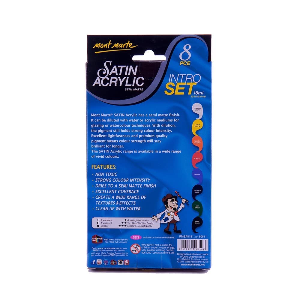 Mont Marte Premium Satin Acrylic Intro Set, 8 Piece, 0.6oz (18ml) Tubes, Semi-Matte Finish, Suitable for Most Surfaces - Image 8