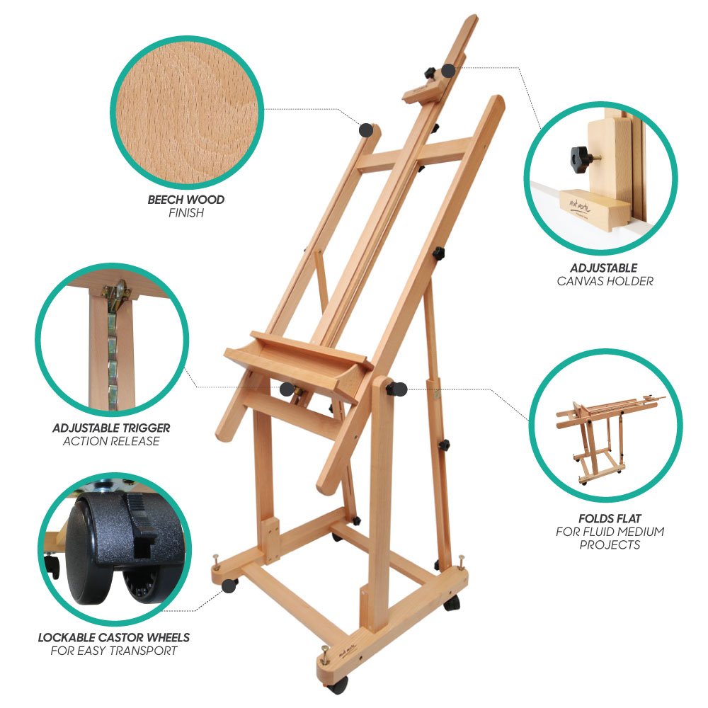 Mont Marte Tilting Studio Wooden Floor Easel. Height Adjustable Extra Large H-Frame Featuring a Large Tilt Range. Castor Wheels Allow Easy Movement and Can Be Locked into Place. - Image 3